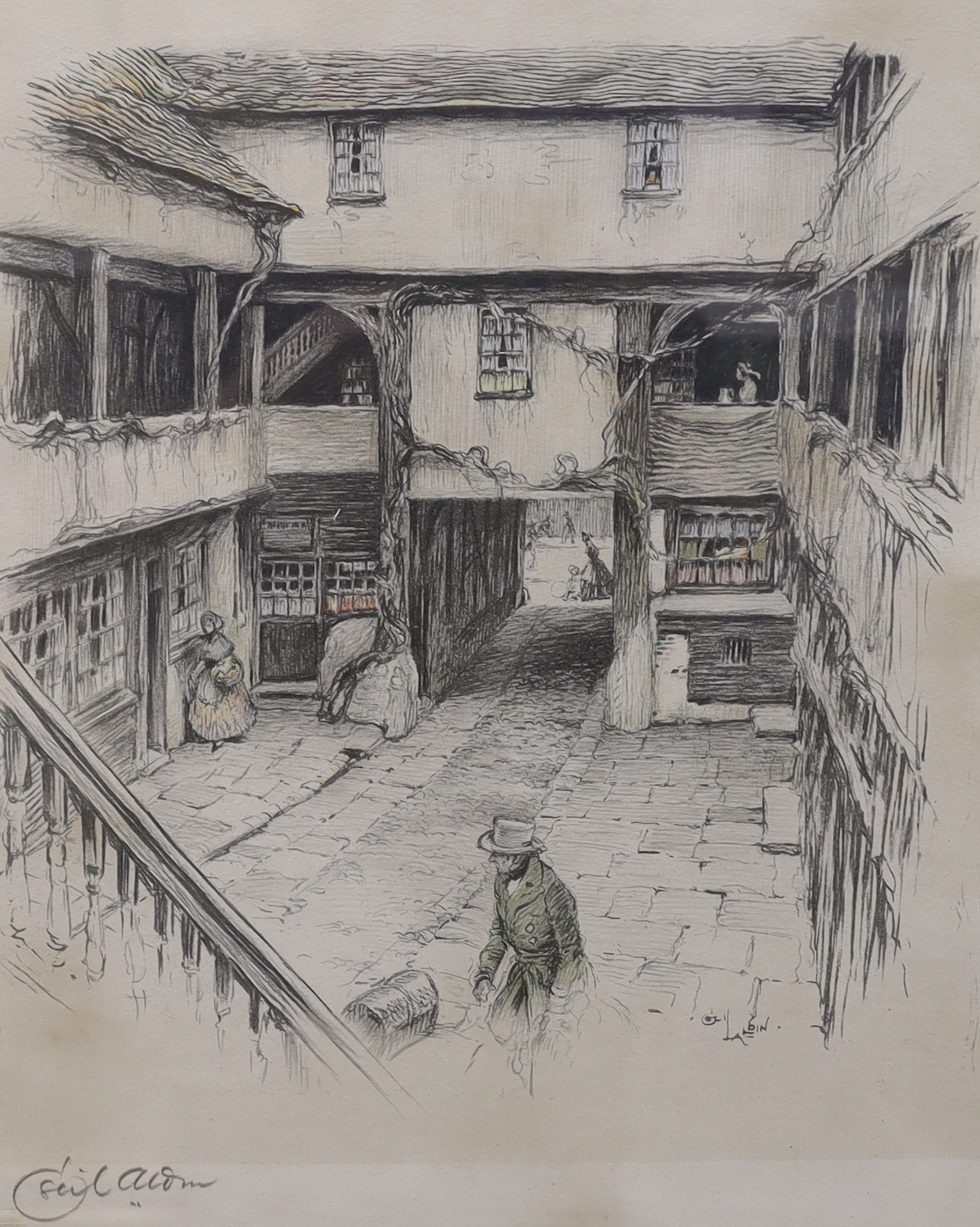 Cecil Aldin (1870-1935), colour print, Tavern courtyard, signed in pencil, 44 x 36cm